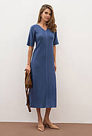 Длинное трикотажное платье с коротким рукавом синего цвета. Модель 2854