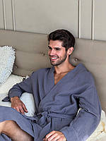 Мужской муслиновый халат с карманами на запах, темно-серый