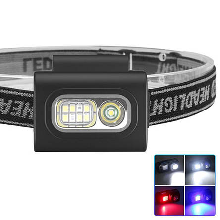 Ліхтар налобний 505-XPE+8SMD(white+red+blue), Li-Ion акумулятор, ЗУ Type-C, кліпса на магніті, фото 1