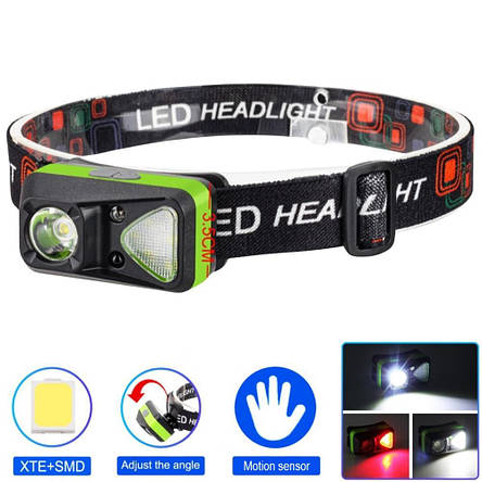 Ліхтар налобний W-18-XPG+6SMD(white+red), Motion Sensor, 1x14500, ЗУ Type-C, фото 1
