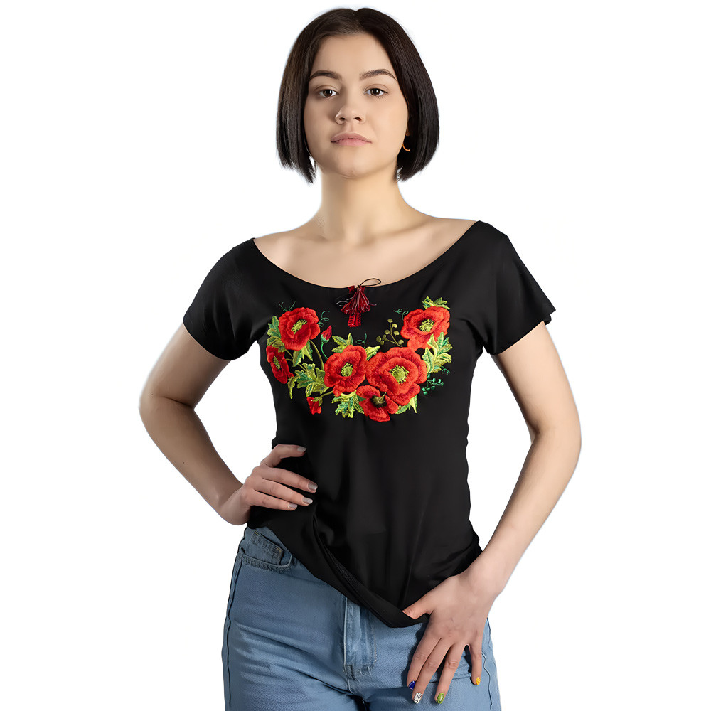 Футболка жіноча з вишивкою Маки р.L (маломірна)