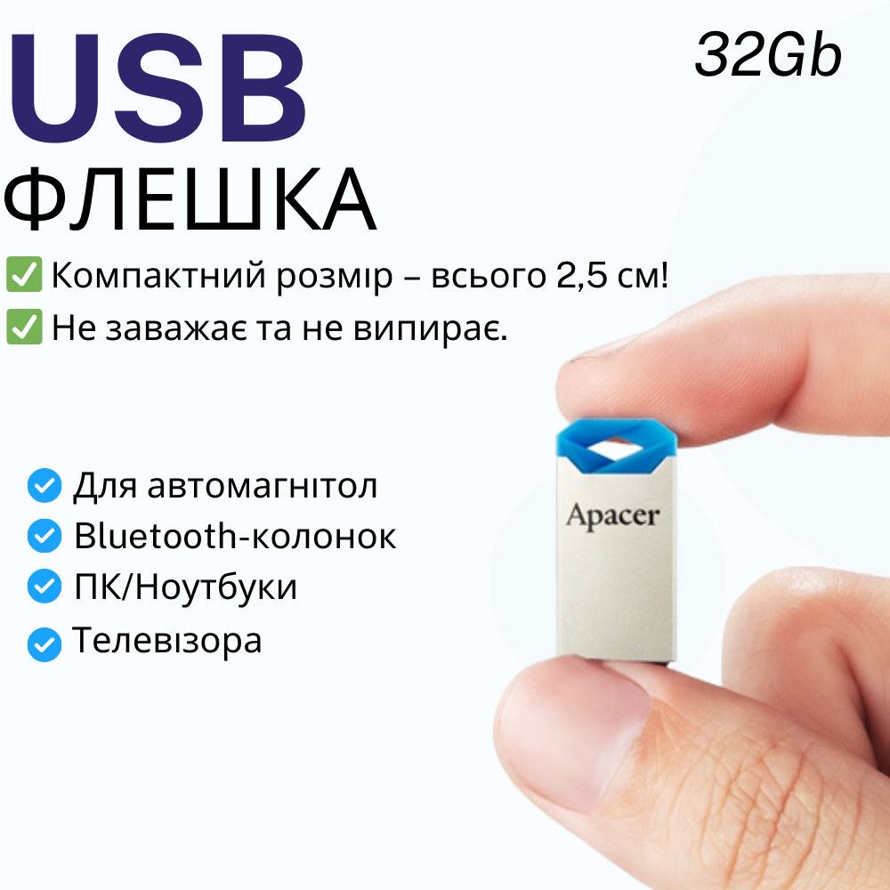 Компактна маленька флешка юсб в автомагнітолу 32GB Apacer для музики і фільмів на 32 ГБ USB 2.0 32GB, фото 1