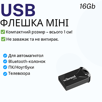 Міні флешка на 16 гб для магнітоли в авто накопичувач для музики і фільмів Wibrand USB 2.0 16GB