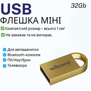 Маленька флешка накопичувач на 32 ГБ в машину магнітоли слухати музику міні флеш Wibrand USB 2.0 16GB