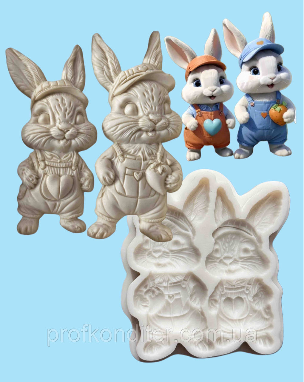 Силіконовий молд для шоколаду, зефіру та ін Великодні зайчата в 2Д форматіʼ, фото 1