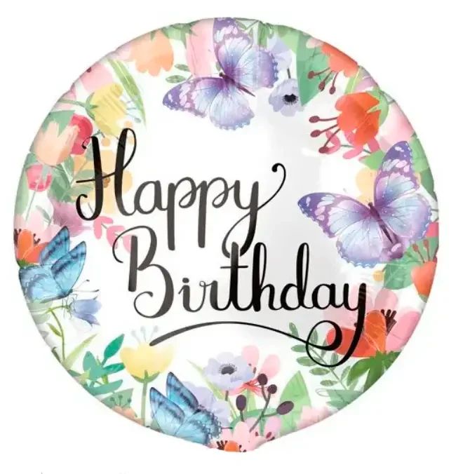 Фольгована кулька коло "Happy Birthday – Метелики з квітами", 18" (45 см), Китай