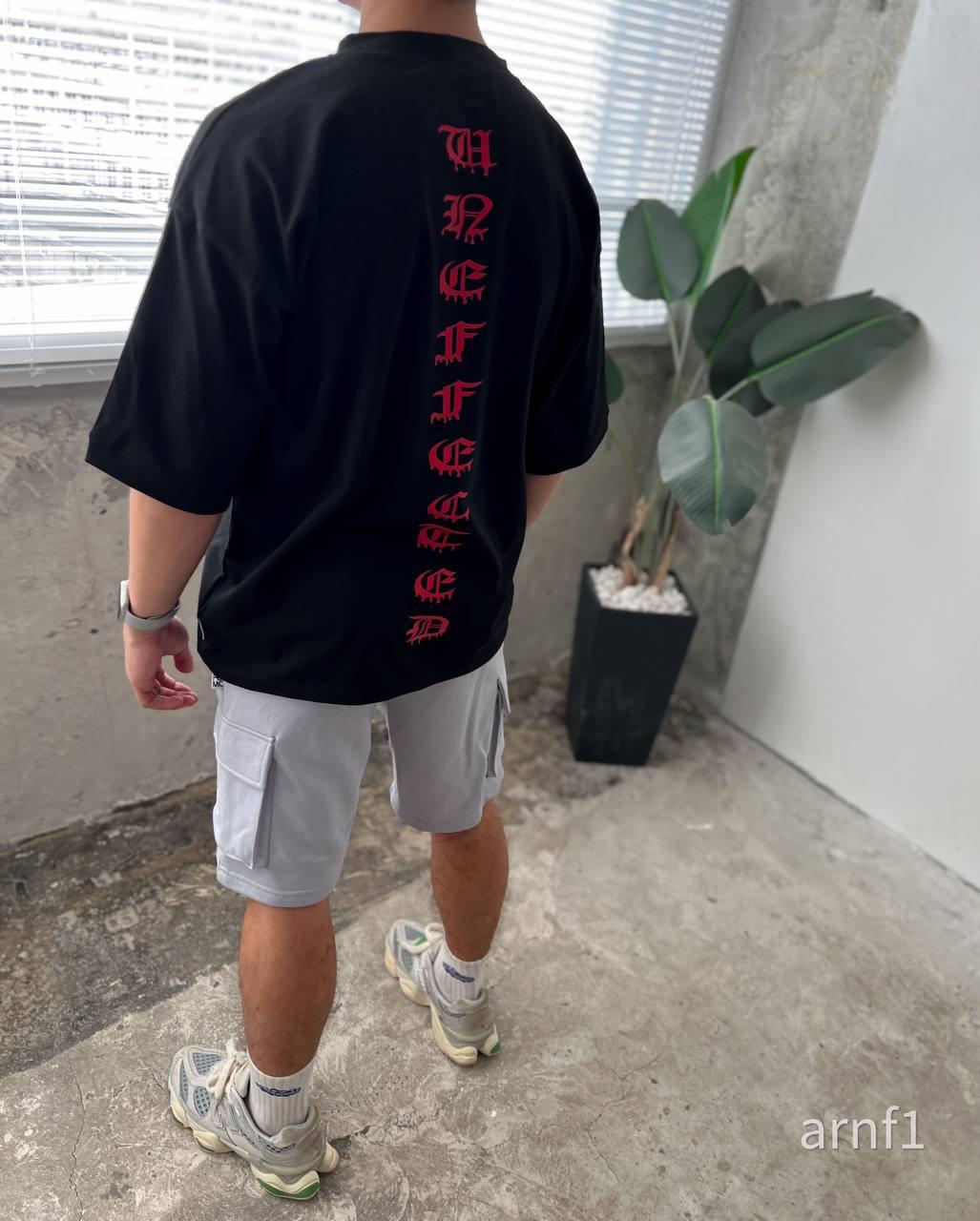 Чоловіча футболка оверсайз чорна з принтом на спині бавовняна повсякденна на літо, фото 1