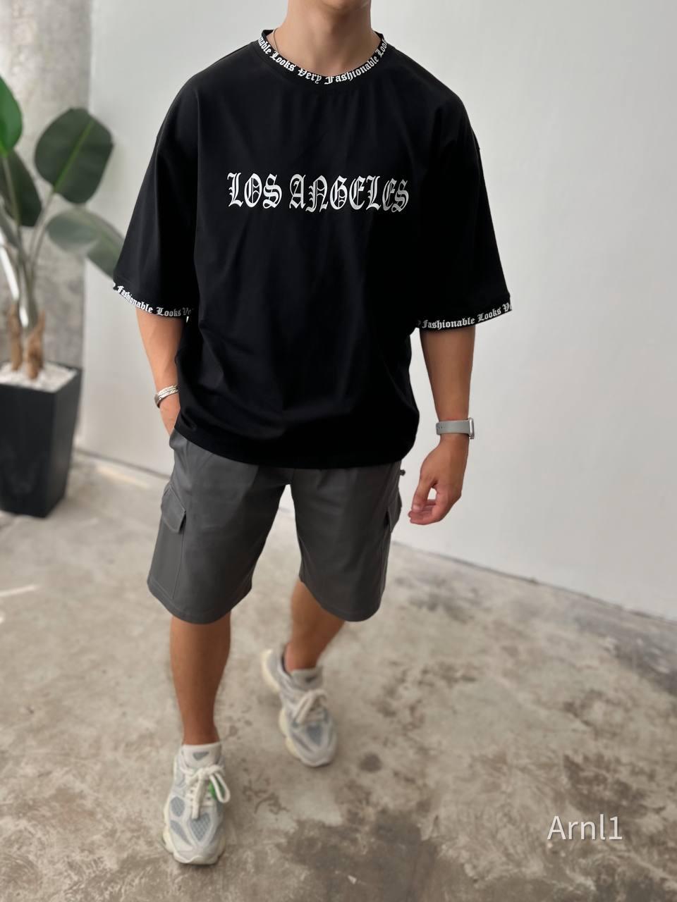Чоловіча футболка оверсайз чорна з принтом Los Angeles бавовняна повсякденна на літо, фото 1