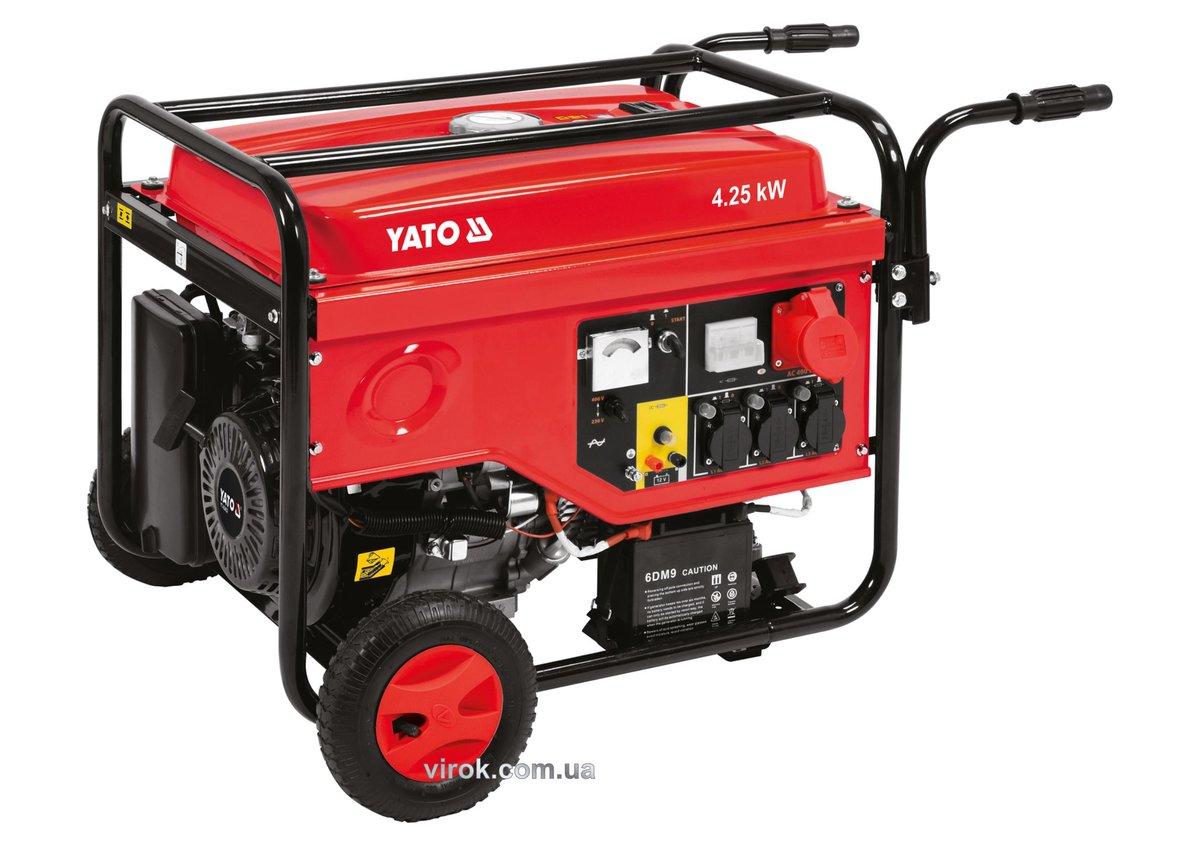 Генератор струму бензиновий YATO: P= 4.25/5.5 кВт, U= 230/380В, 1-3фази, бак- 25л (1.1л олива) AVR
