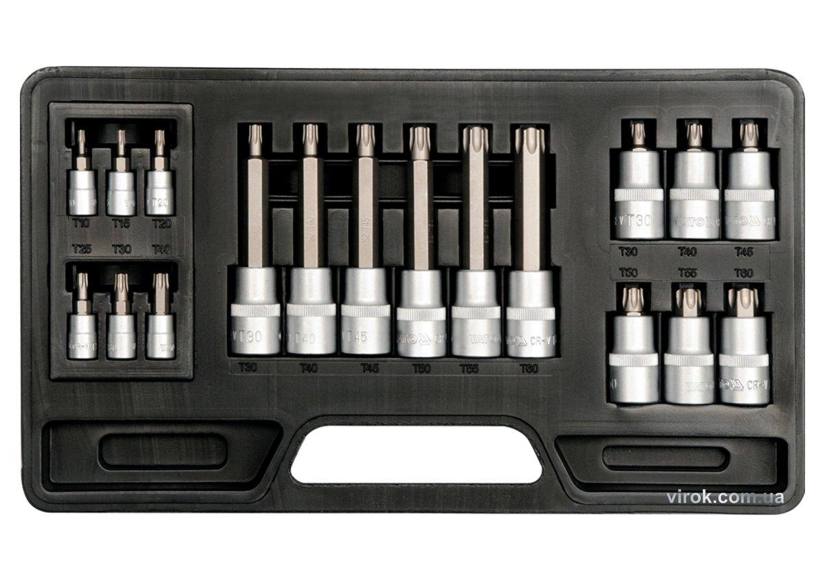 Набір головок торцевих з насадками TORX YATO : квадрат 1/2"-1/4". TORX T10-T60. 18 шт. [10]
