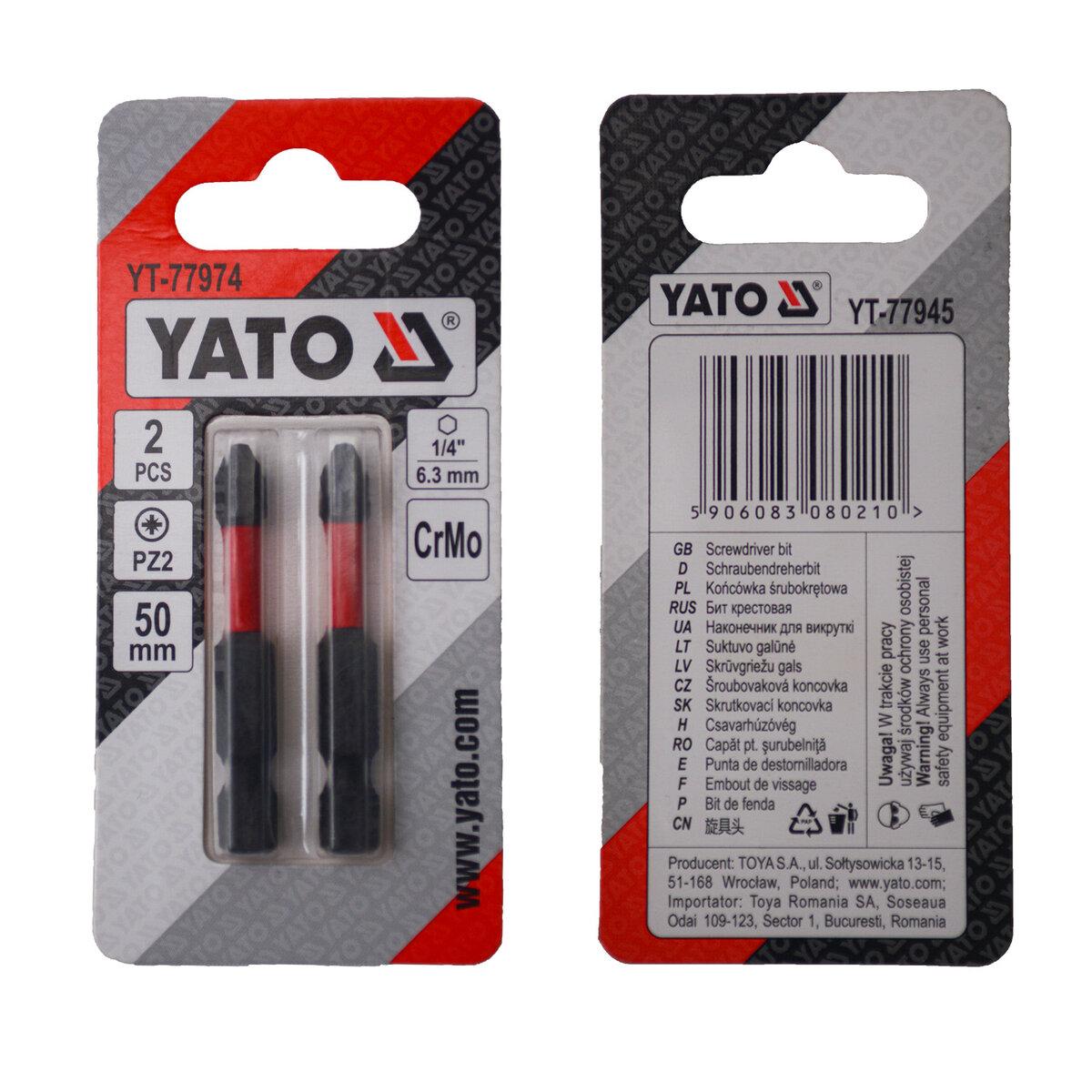 Насадка викруткова YATO PZ2 х 50 мм. HEX 1/4", хром-молібден, 2 шт.