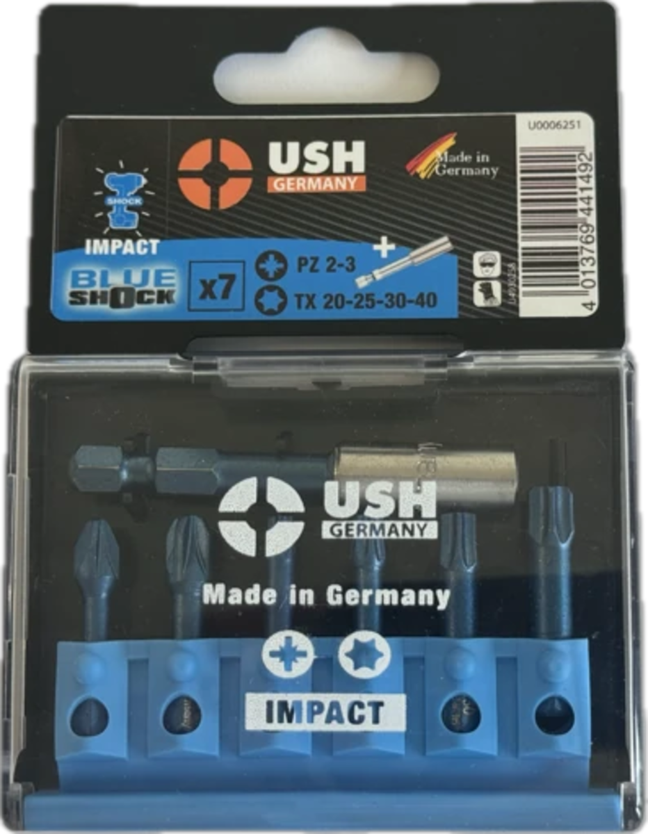 Набір насадок викруткових Blueshock USH: 1/4", PZ2-3; T20-25-30-40, магнітний тримач, 7 елем.