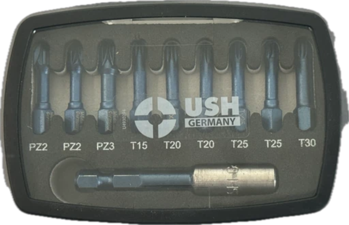 Набір насадок викруткових Blueshock USH: 1/4"х 30 мм, PZ2-3; T15-20-25-30, магнітний тримач, 10 ел.
