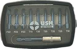 Набір насадок викруткових Blueshock USH: 1/4"х 30 мм, PZ2-3; T15-20-25-30, магнітний тримач, 10 ел.