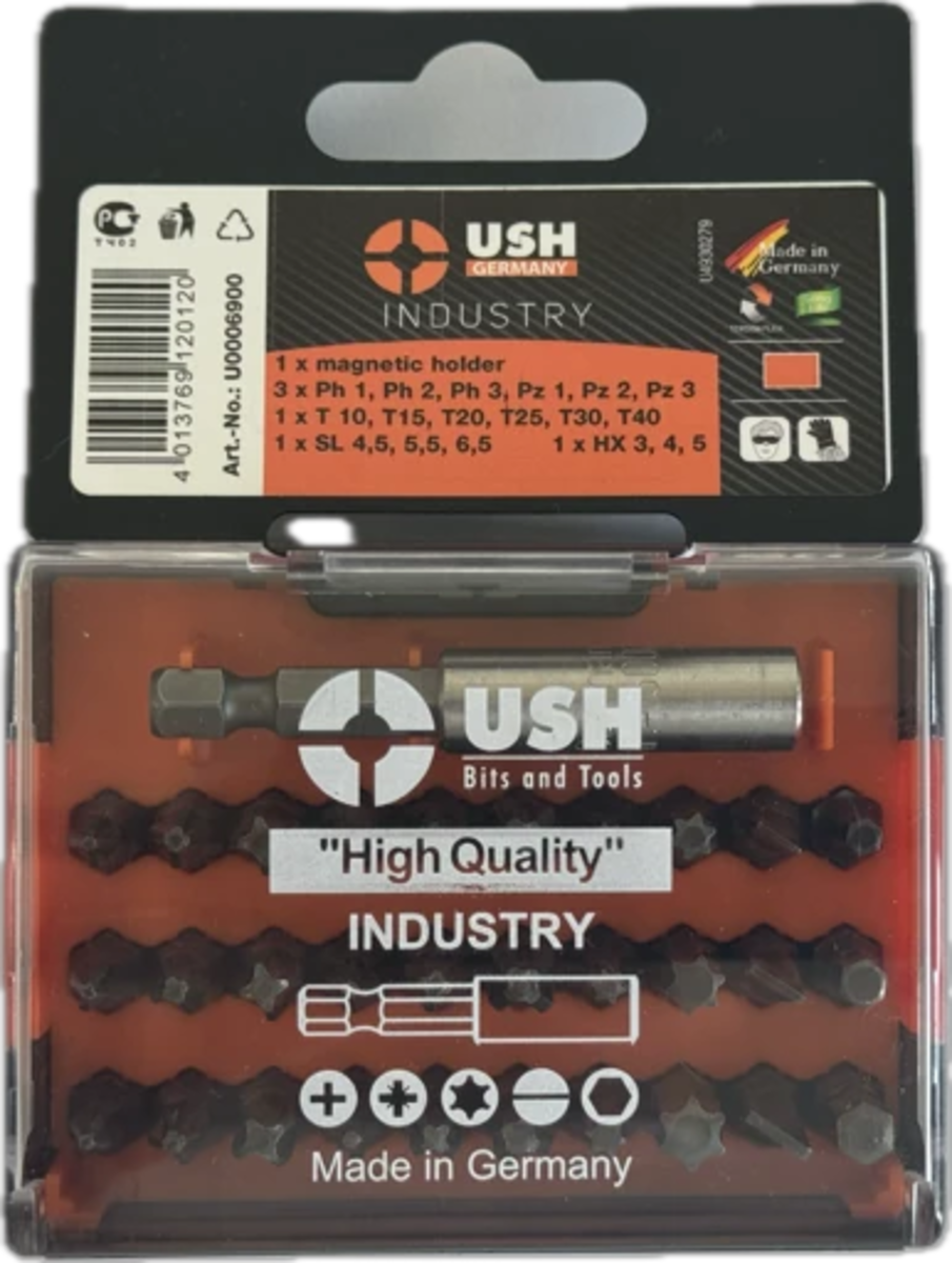 Набір насадок викруткових Industry USH: 1/4" з магнітним тримачем, PH, PZ, SL, Tx, HEX, 31 ел