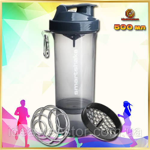Шейкер спортивний для води та спортивного харчування SmartShake Slim 500ml Grey Gray