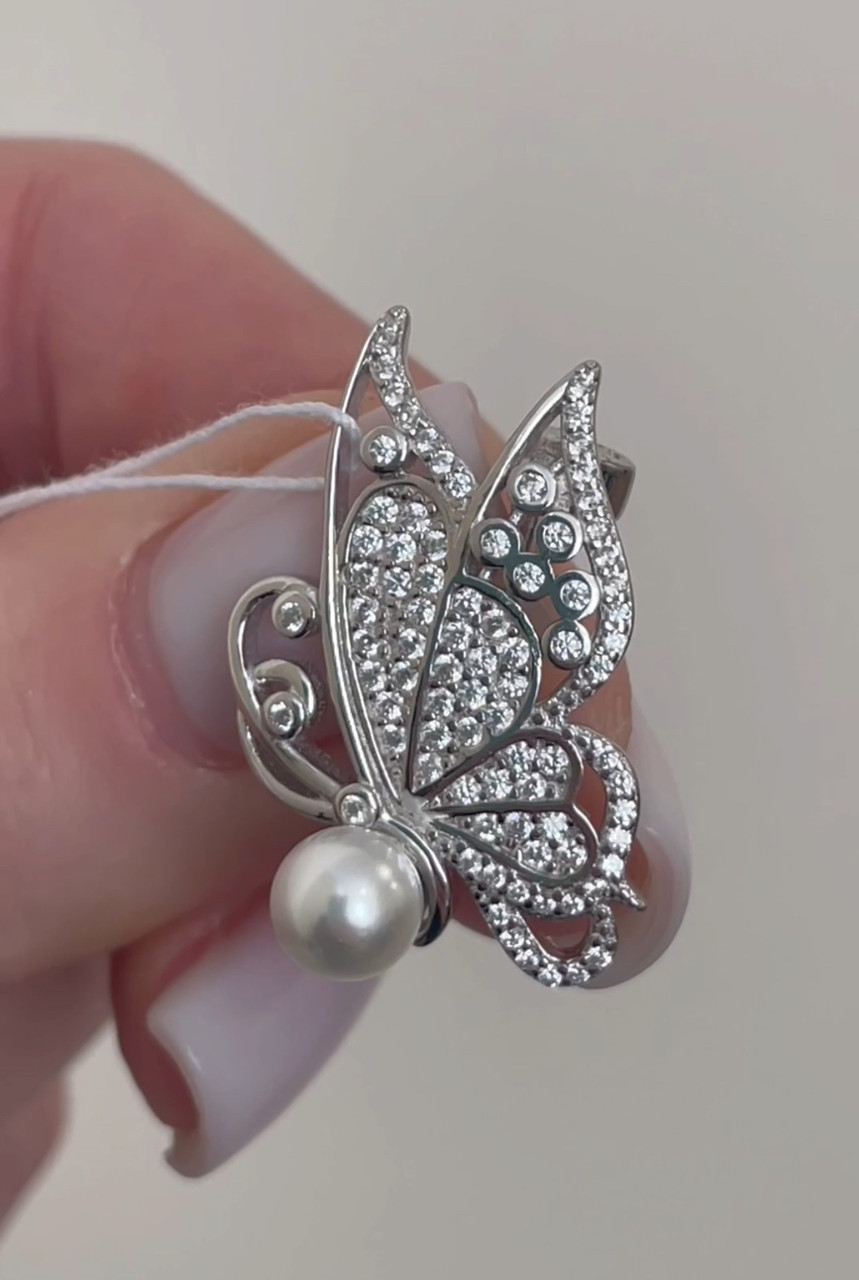 Брошка - шпилька срібна з перлами та фіанітами, фото 1
