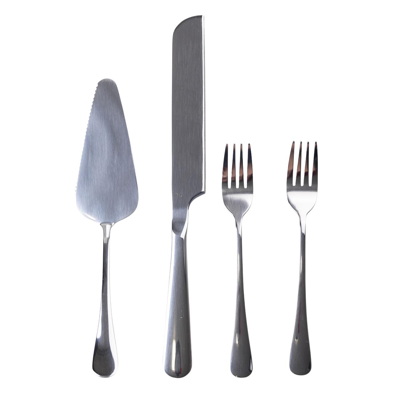 Набір приладів для торта Lugi 4 предмети сріблястий нержавіюча сталь, лопатка ніж виделки для подачі десерту, фото 1