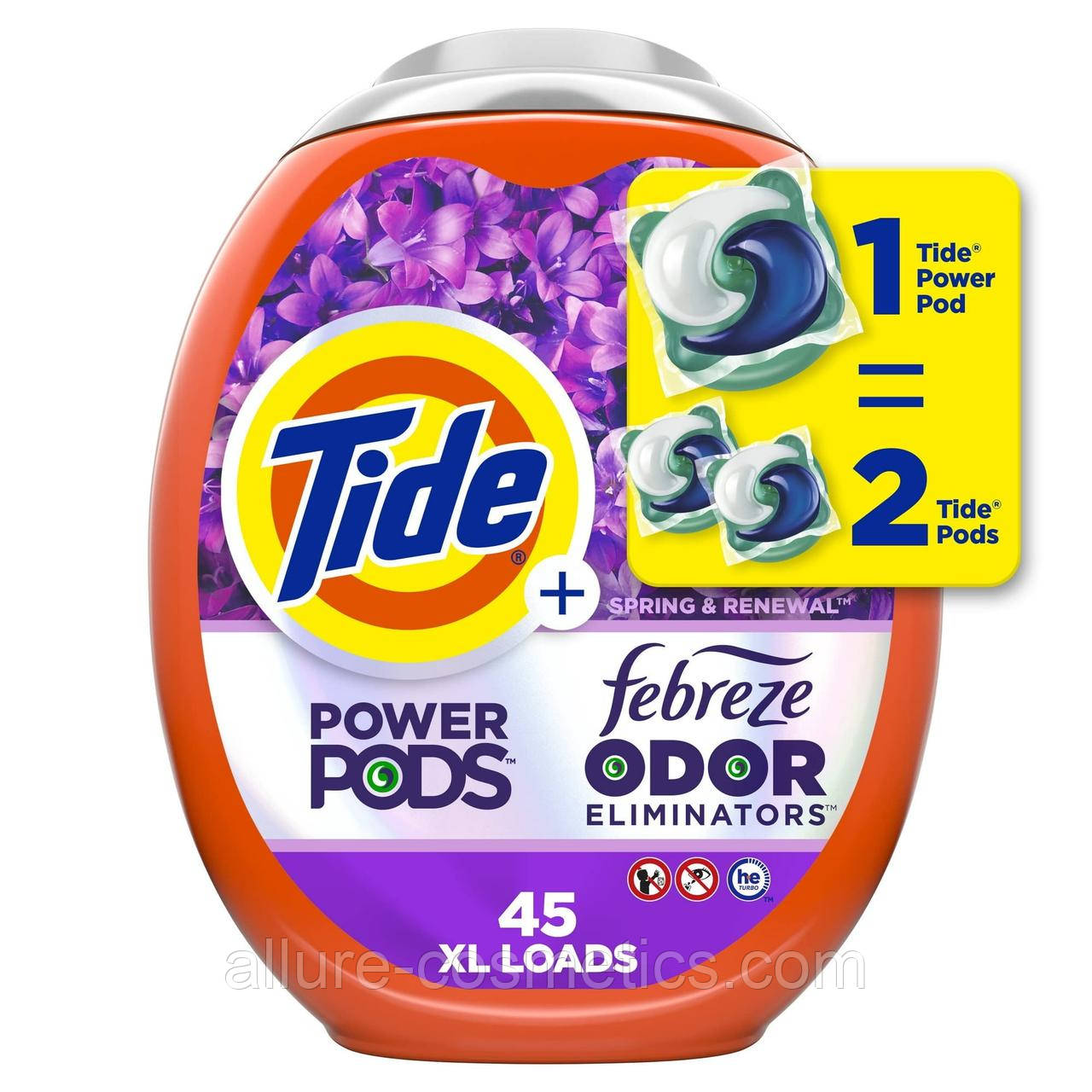 Великі капсули для прання Tide POWER PODS Febreze Odor Eliminators + Lasting Freshness Spring & Renewal 45 шт.