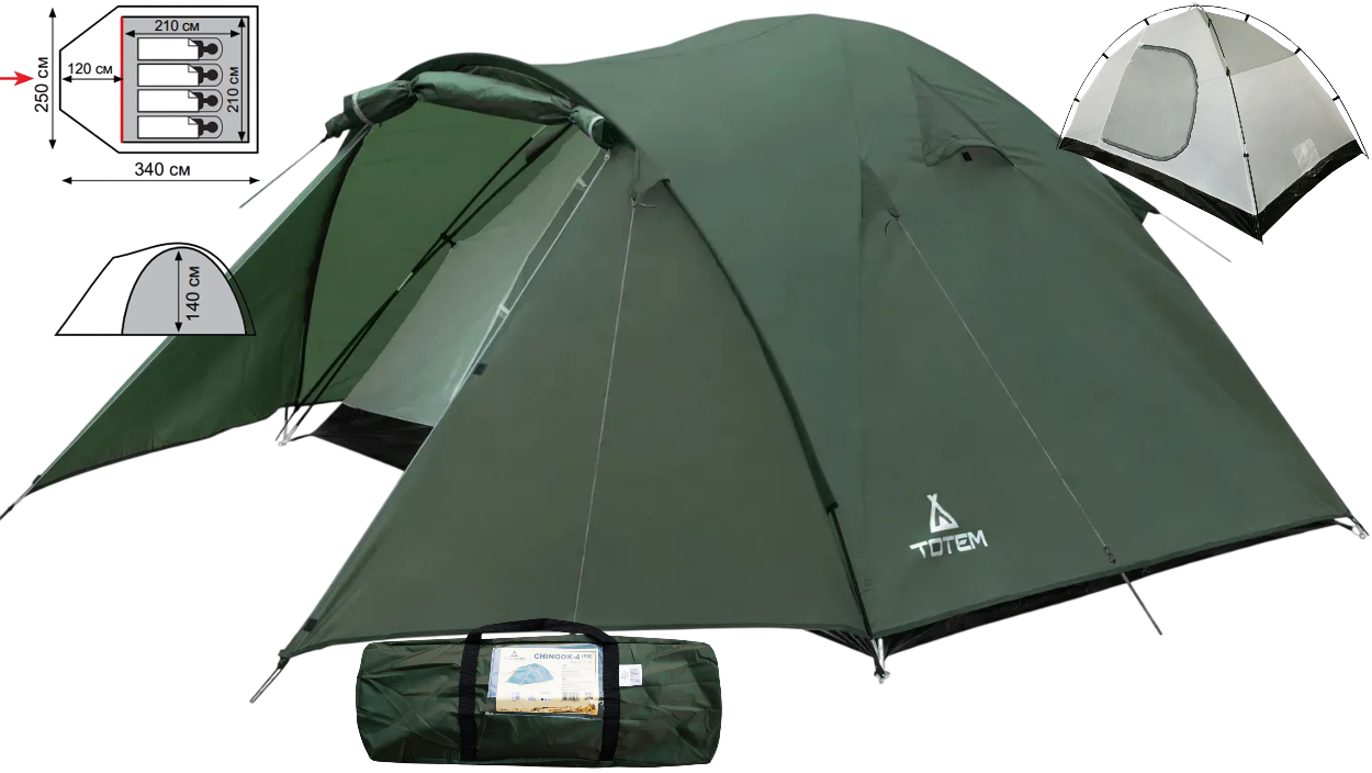 Намет Totem Chinook 4 v2 | Чотиримісний, двошаровий, водонепроникний, з просторим тамбуром і одним входом, для кемпінгу та туризму