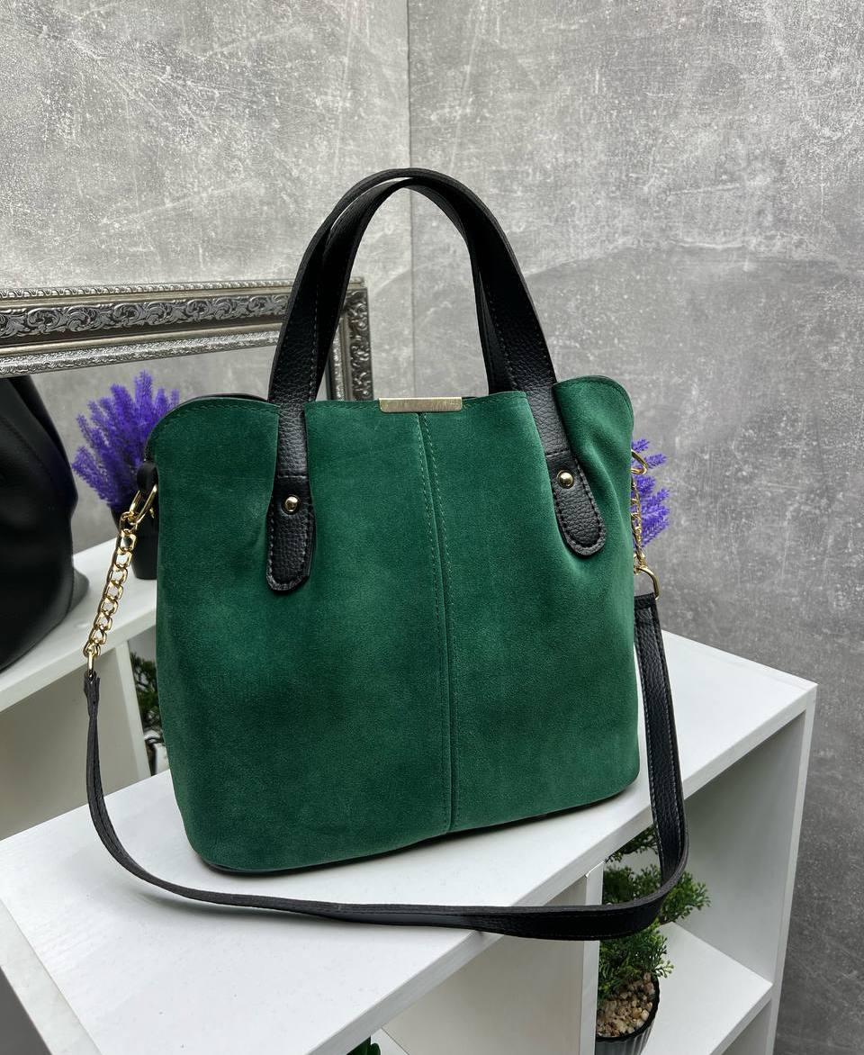 Замшева зелена сумка містка сумочка натуральна замша+кожзам