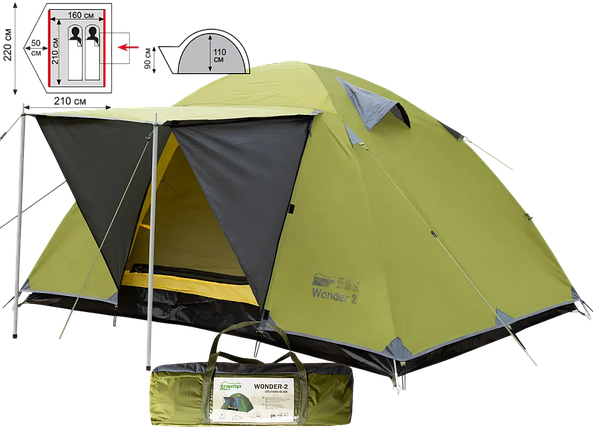 Двомісний намет Tramp Lite Wonder 2 Olive | Універсальна двошарова палатка для походів з двома входами і невеликим тамбуром, фото 1