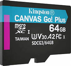 Карта пам'яті Kingston 64Gb microSDXC Class 10 UHS-I U3 V30 A2, флеш кінгстон 64 Гб +адаптер, флешка мікро sd, фото 5