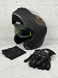 Шолом трансформер чорний матовий з окулярами T705S + КОМПЛЕКТ (Рукавички, Маска)