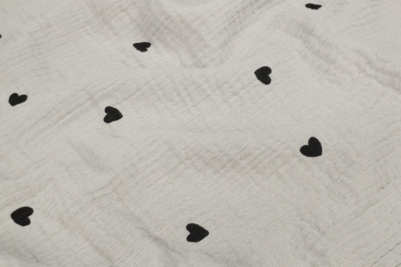 Муслін жатка Сердечка чорні на сірому 135 см