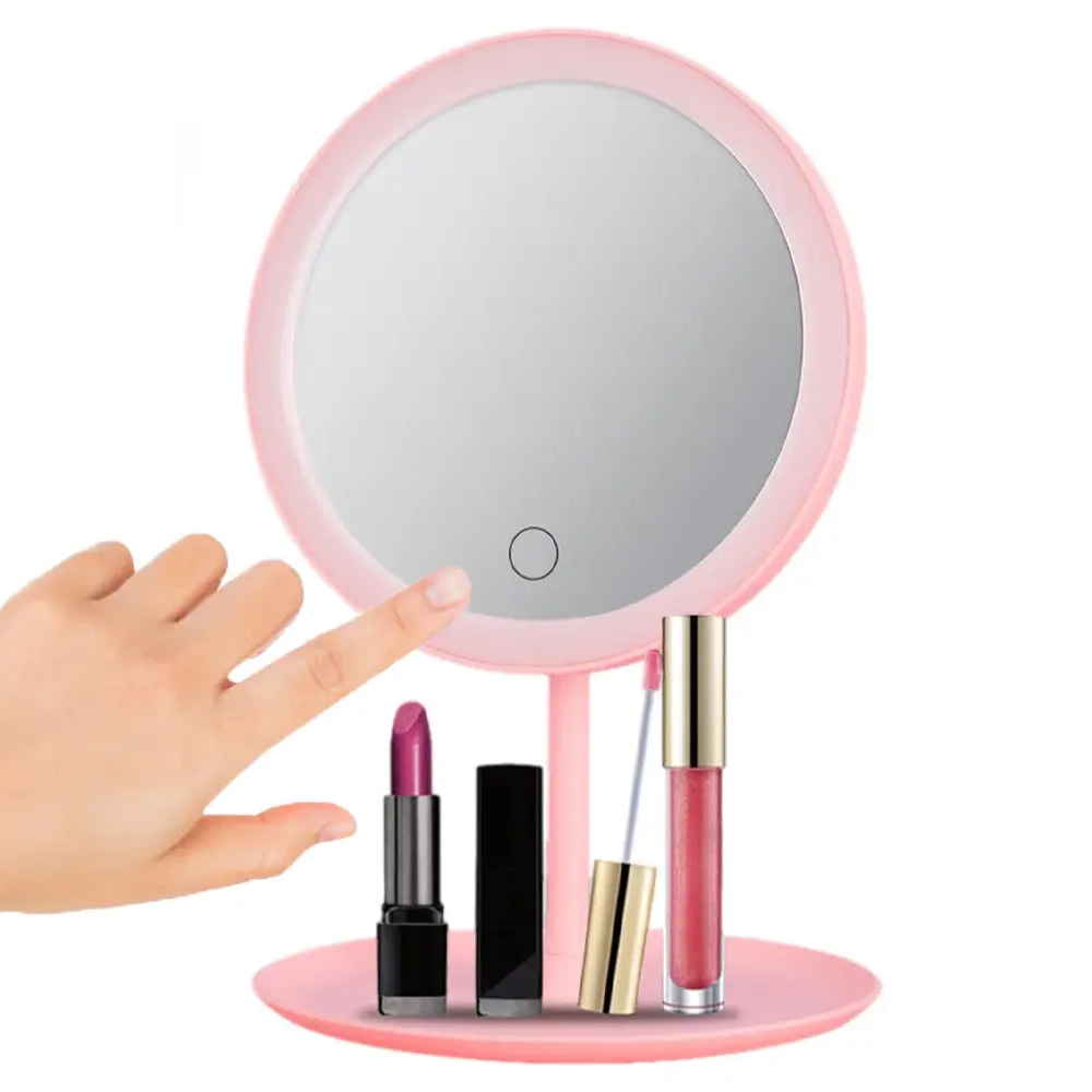 Дзеркало для макіяжу кругле з LED підсвічуванням та USB, Рожеве, фото 1