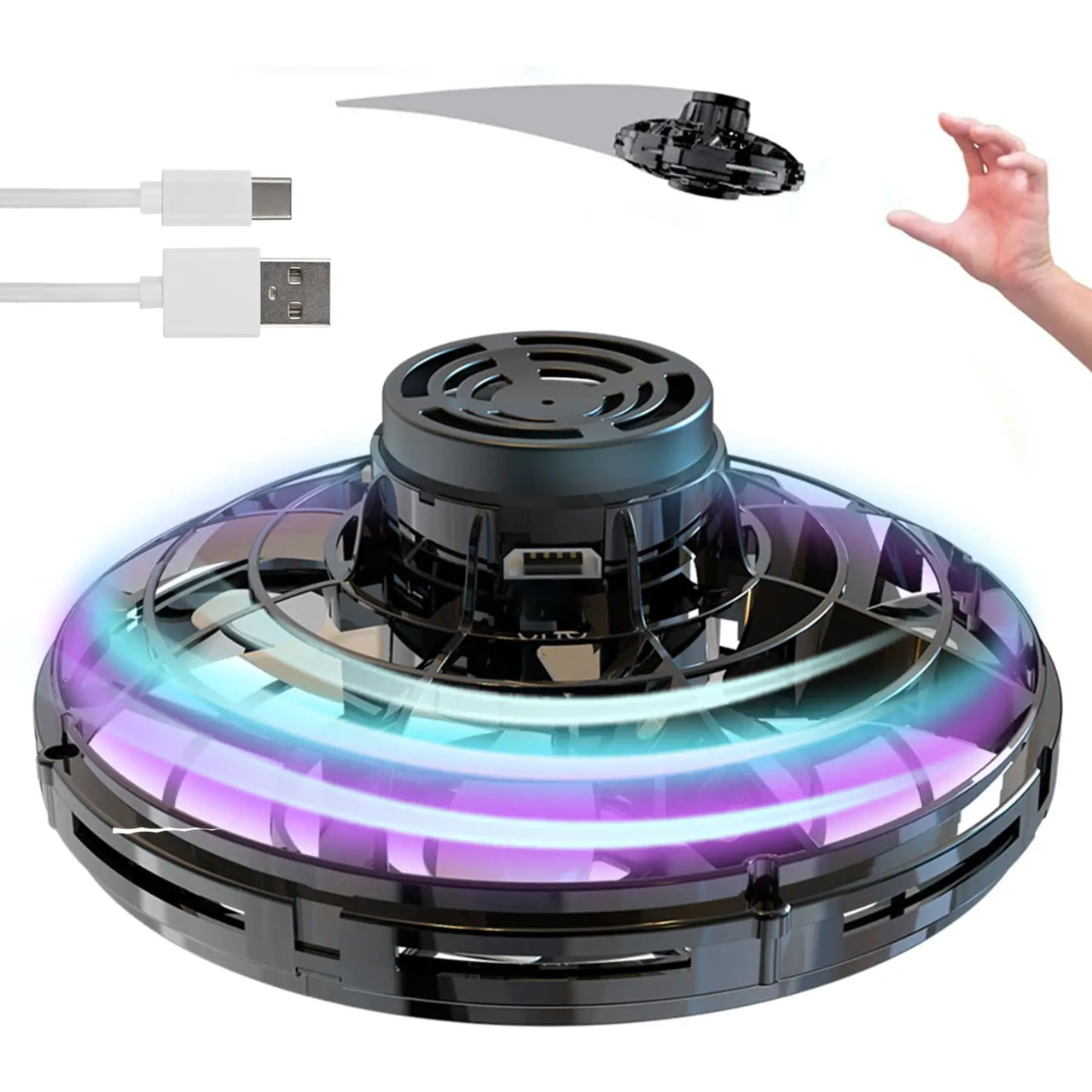 Електроспіннер літаючий FLY, з USB, LED підсвічуванням, Чорний