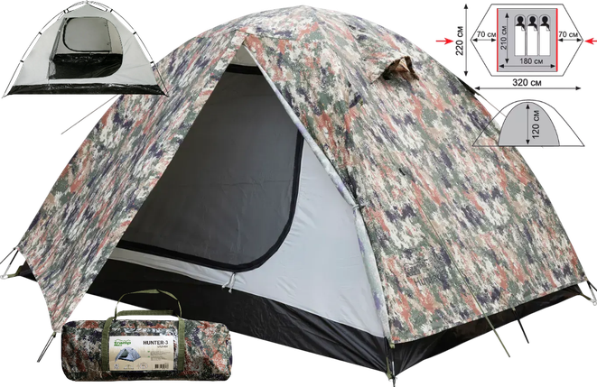 Намет Tramp Lite Hunter 3 Camo | Універсальна двошарова тримісна туристична камуфляжна палатка з двома входами і двома тамбурами, фото 1