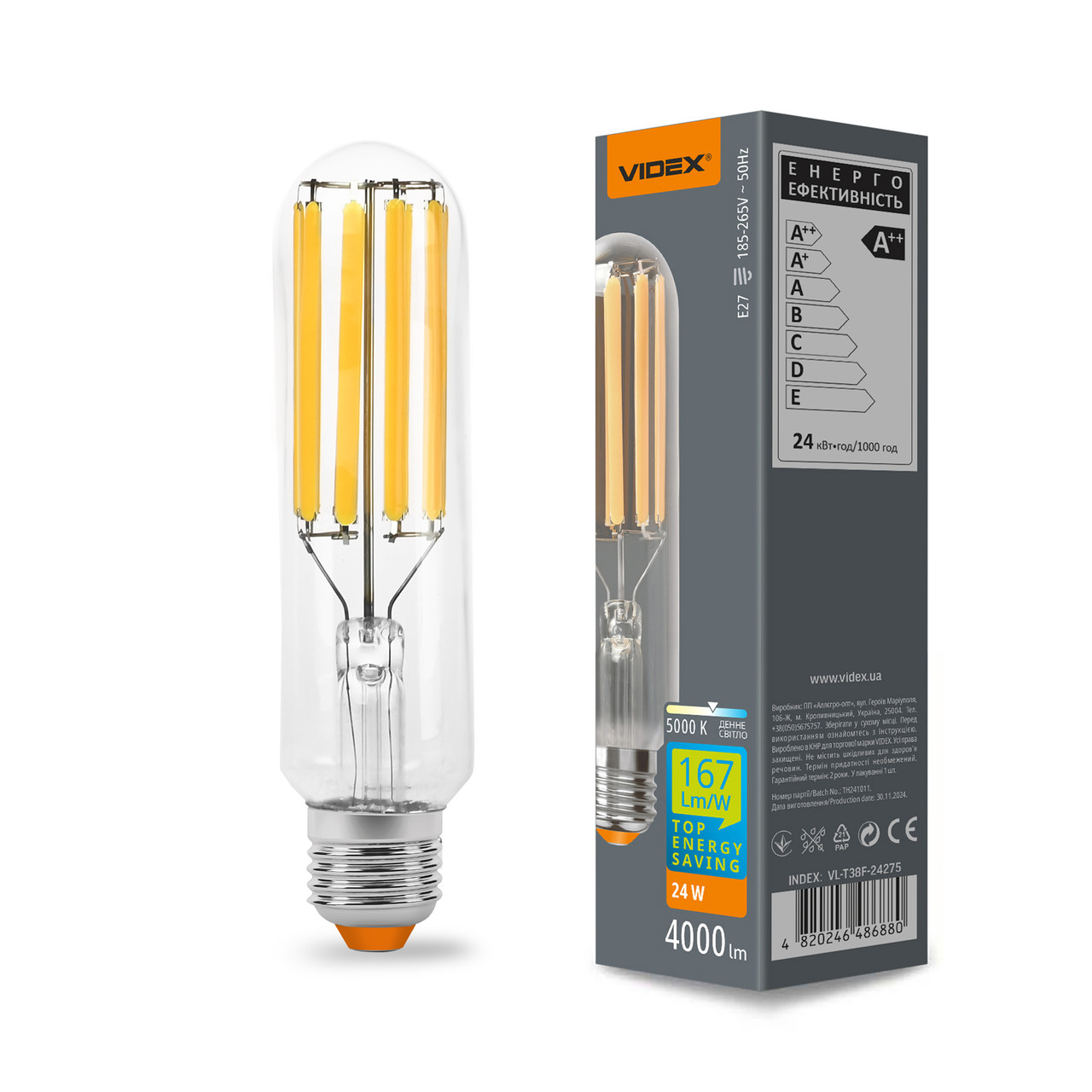 LED лампа VIDEX Filament T38F 24W E27 5000K, фото 1