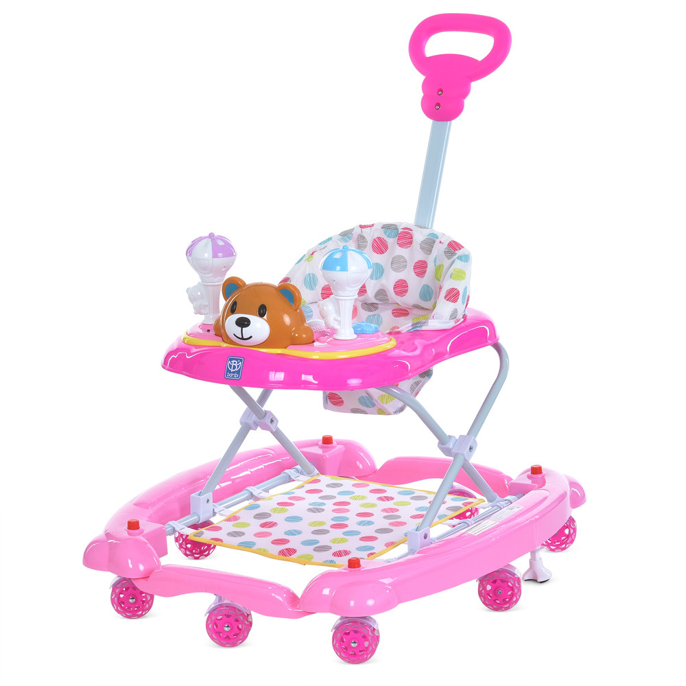 Ходунки качалка дитячі 3в1 BAMBI M 3656A-S-8 Ведмедик рожевий з батьківською ручкою та силіконовими колесами, фото 1