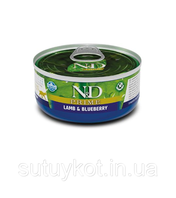 Farmina cat вологий корм для котів N&D Grain Free PRIME LAMB ADULT з ягням та чорницею 70 г., фото 1