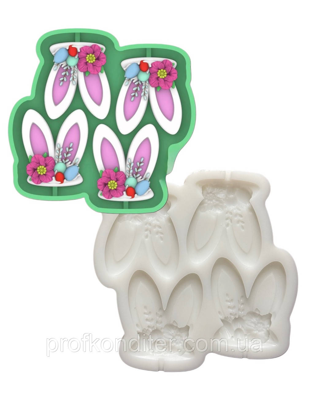 Силіконовий молд для шоколаду, зефіру та ін ʼВушка зайчика по 5 см з декоромʼ, фото 1