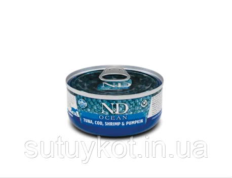 Беззерновий вологий корм Farmina N&D Grain Free Ocean Tuna Cod, Shrimp & Pumpkin тунець та креветки 70 г