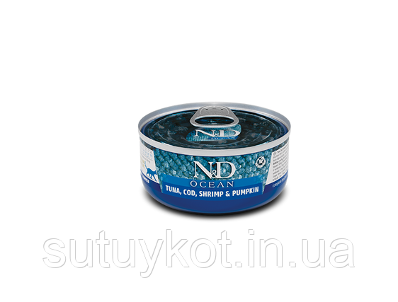 Вологий корм Farmina N&D Grain Free Ocean Tuna Cod, Shrimp & Pumpkin тунець, сардина 70 г