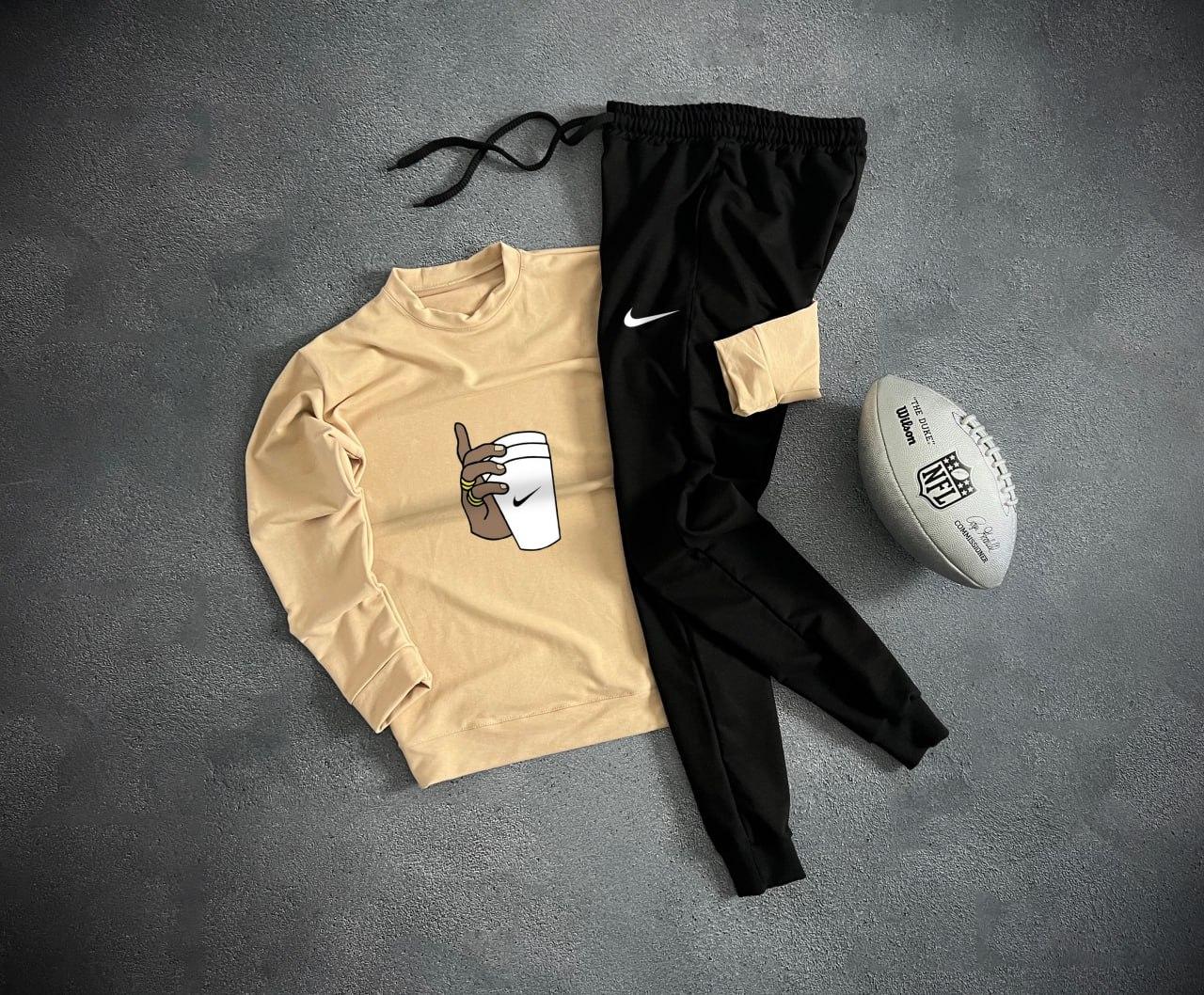 Nike спортивний костюм чоловічий осінній весняний літній кофта і штани найк бежевий-чорний