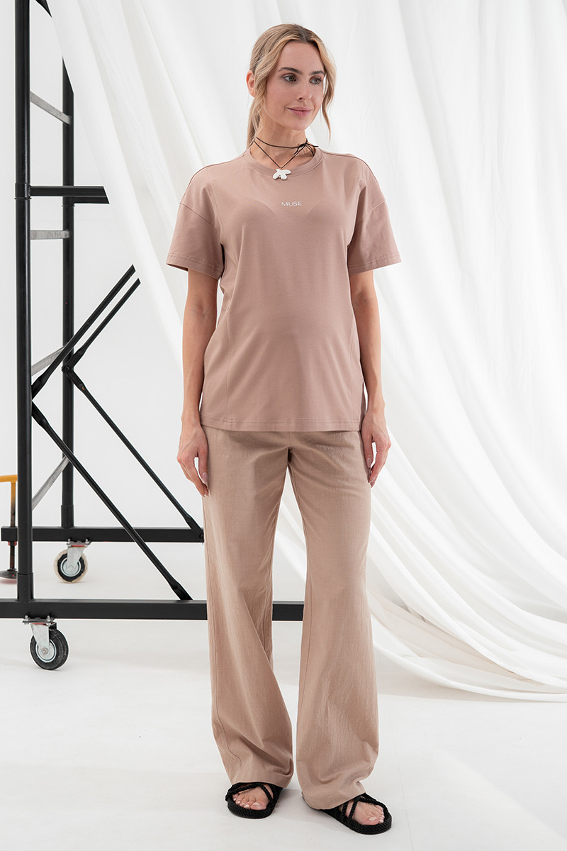 Стильні лляні штани для майбутніх мам з еластичним поясом Naina розмір S Юла Мама Бежевий, фото 1