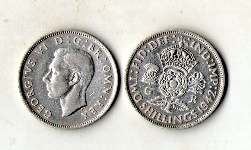 Велика Британія › Король Георг VI 2 шилінги (флорин), 1942 рік срібло 11.3 гр. №3566