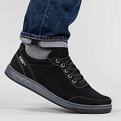 Чоловічі кросівки з сіткою та пресованою шкірою на літо (ЛК 20 чорні)