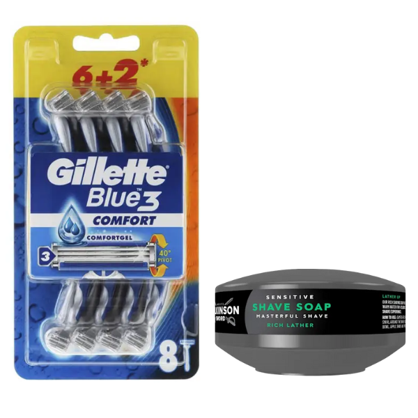 Набір одноразових станків для гоління Gillette Blue 3 Comfort Original (8 шт) + Мило для гоління Wilkinson Sword 125 г