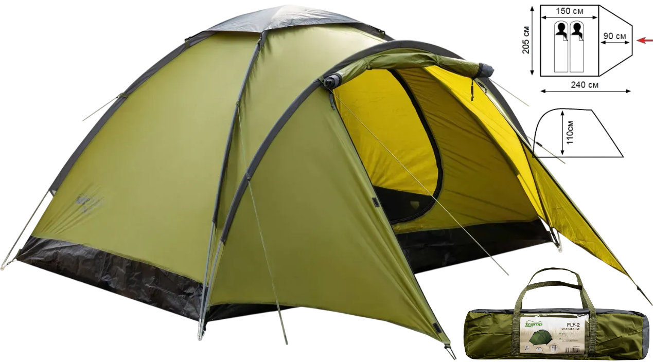 Намет Tramp Lite Fly 2 Olive | Універсальна одношарова двомісна туристична палатка з містким тамбуром і одним входом