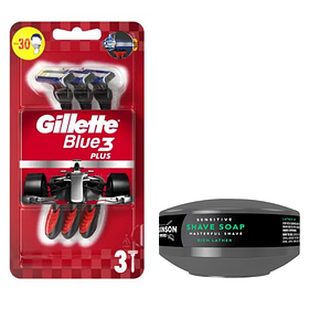 Набір одноразових станків для гоління Gillette Blue 3 Plus Red (3 шт) + Мило для гоління Wilkinson Sword для чутливої шкіри.125 г