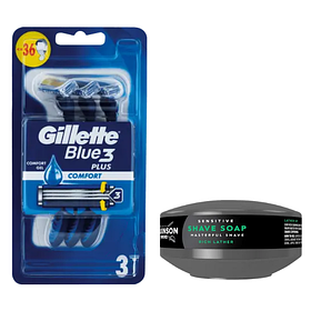 Набір одноразових станків для гоління Gillette Blue 3 Plus Comfort (3 шт) + Мило для гоління Wilkinson Sword 125 г