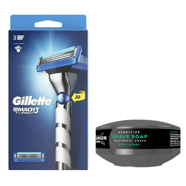 Станок для гоління Gillette Mach3 Turbo 3D Motion (1 картридж) + Мило для гоління Wilkinson Sword для чутливої шкіри 125 г