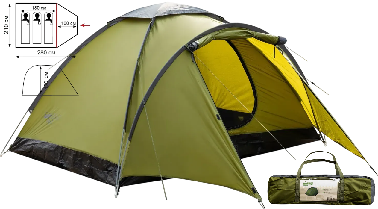 Намет Tramp Lite Fly 3 Olive | Універсальна одношарова тримісна туристична палатка з містким тамбуром і одним входом