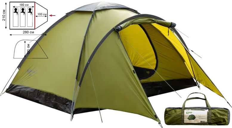 Намет Tramp Lite Fly 3 Olive | Універсальна одношарова тримісна туристична палатка з містким тамбуром і одним входом, фото 1