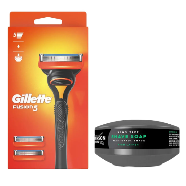 Станок для гоління Gillette Fusion 5 (3 касети) + Мило для гоління Wilkinson Sword для чутливої шкіри 125 г